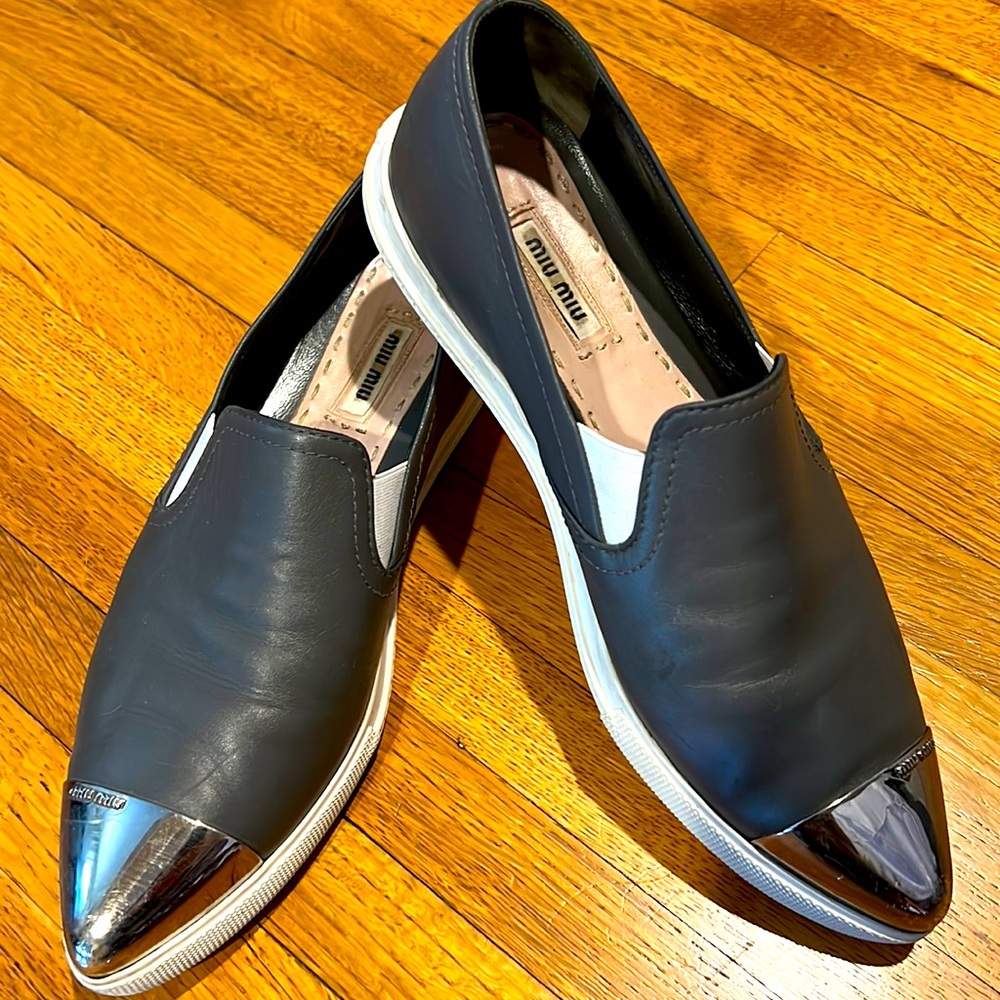 Miu Miu Graphite Leather Metal Cap Toe Slip On Sneakers